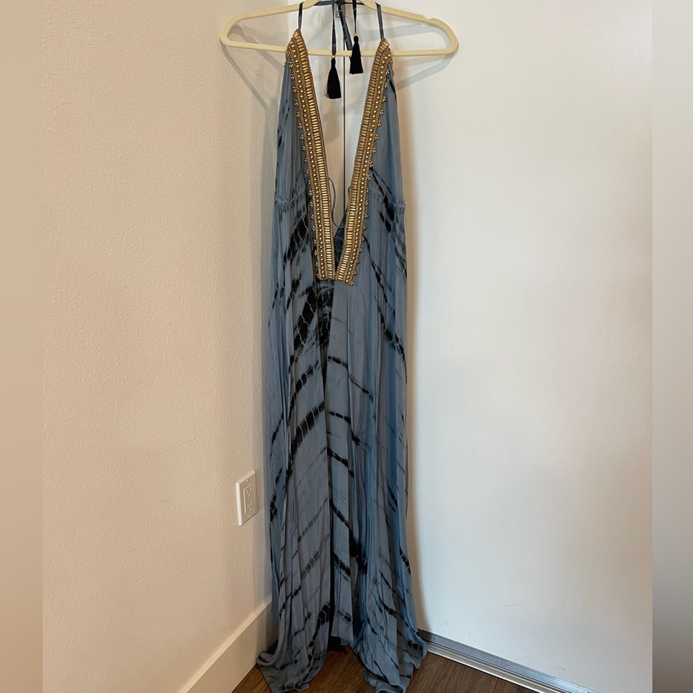 ASA KAFTANS Paris Halter Back Hand-Beaded Dress - Grey & Black Tie Dye, One Size